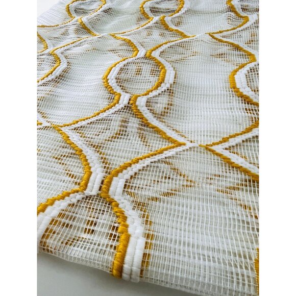 Vintage 70s curtain, yellow/orange embroidered groovy pattern, net panel - Picture 9 of 10